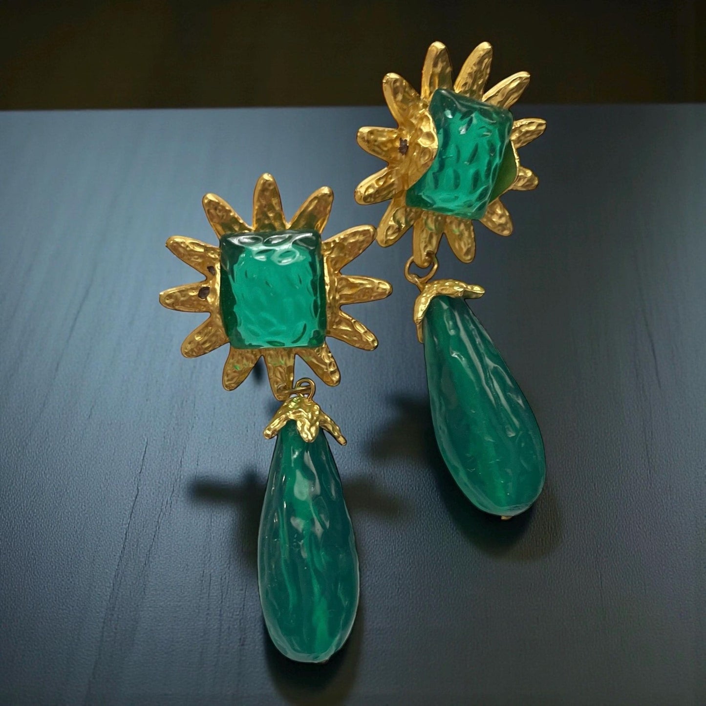 Vintage Green Drop Earrings • Gold Sunburst Statement Earrings • Bold Retro Dangle Jewelry