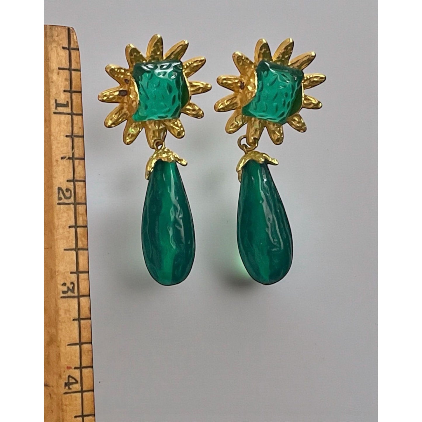 Vintage Green Drop Earrings • Gold Sunburst Statement Earrings • Bold Retro Dangle Jewelry