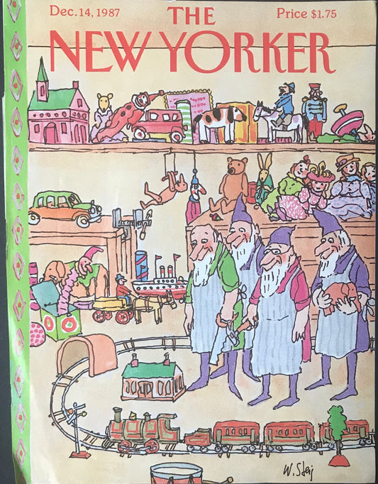 NEW YORKER Magazine cover - December 14, 1987 -  Christmas, elves, toys, railroad, Christmas gifts