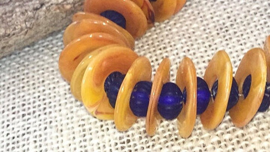 Unique vintage modern-style orange & blue chunky beaded bracelet - mixed materials