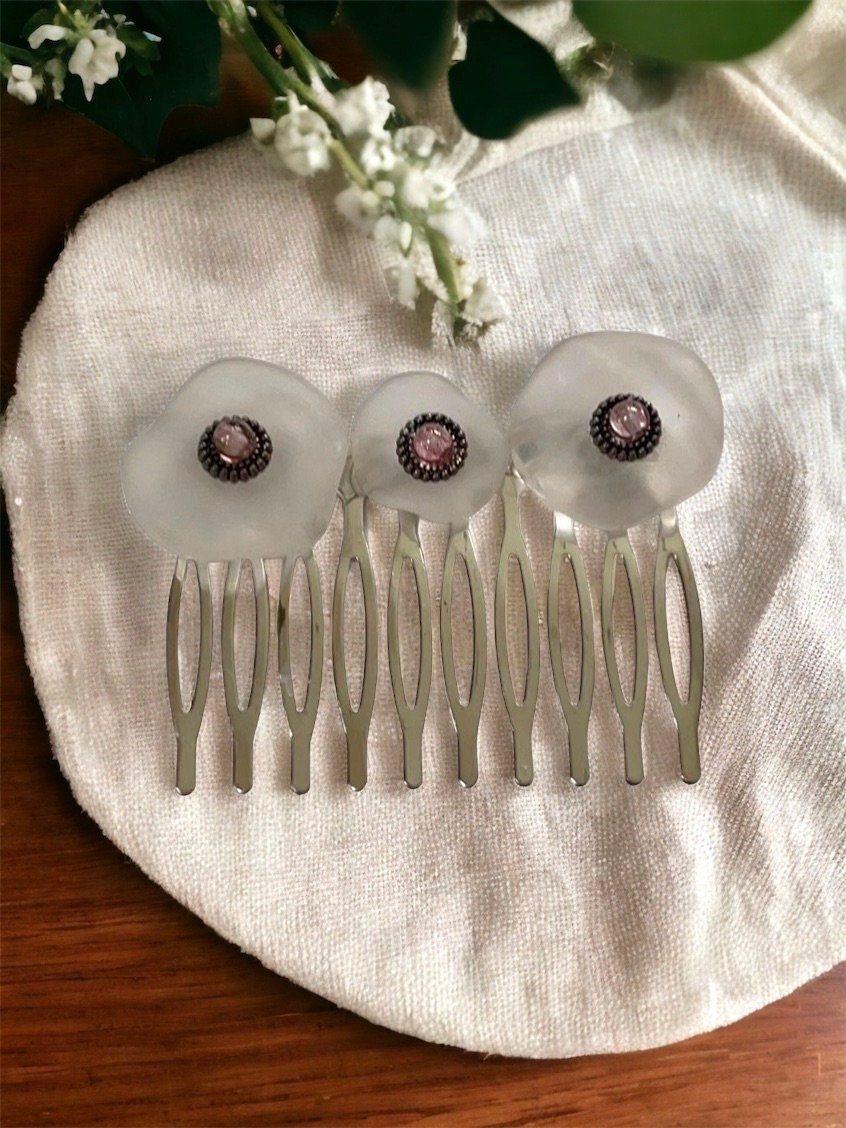 Unique clear white free form lucite and pink glass hair comb