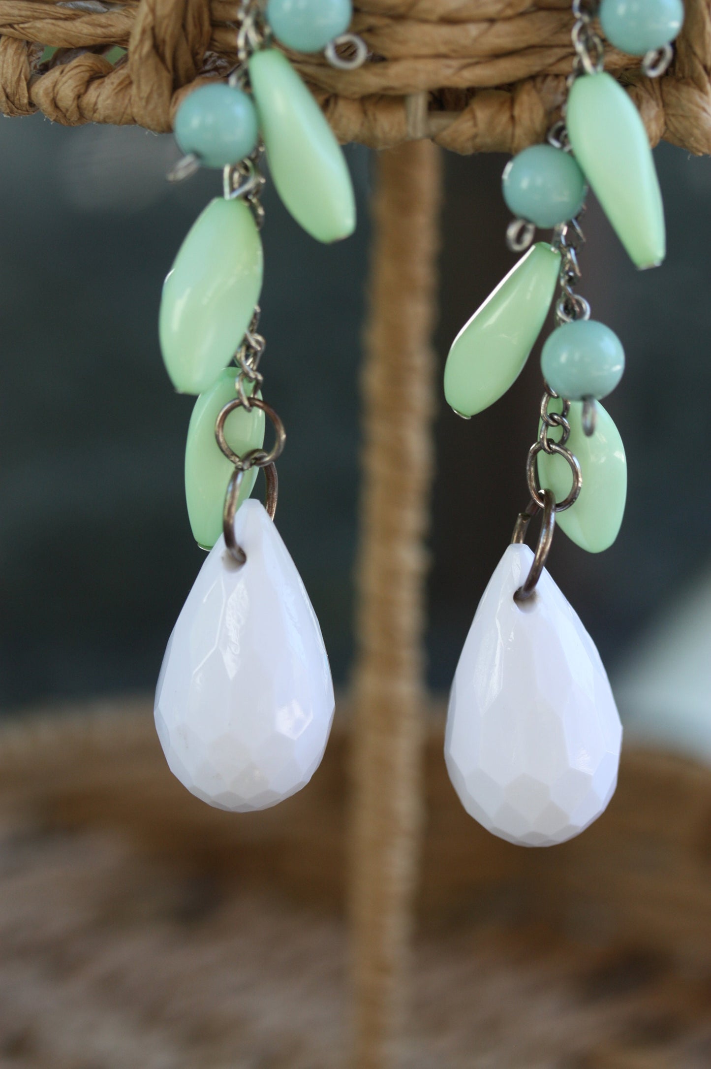 Seafoam green, blue and white fun long dangle earrings