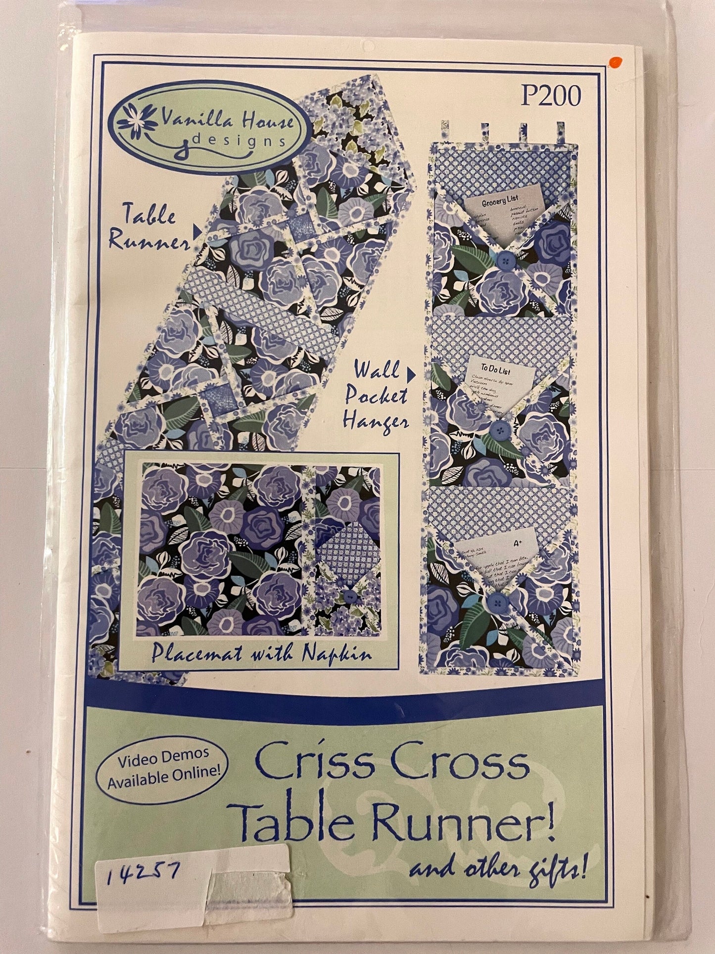 UNCUT Sewing Pattern - criss cross table runner, placemat, cloth napkins, wall pocket hanger, gifts, Vanila House Designs P200