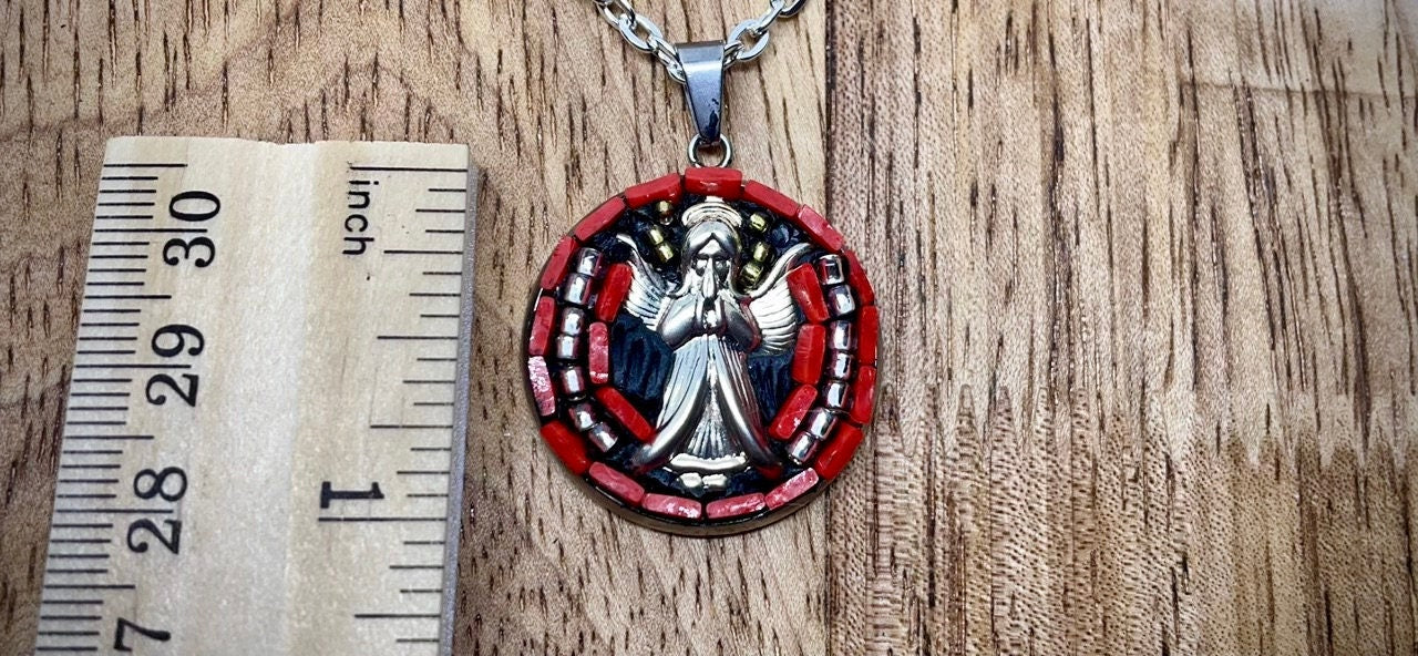 My handmade angel micro mosaic necklace with handcut glass and mixed materials