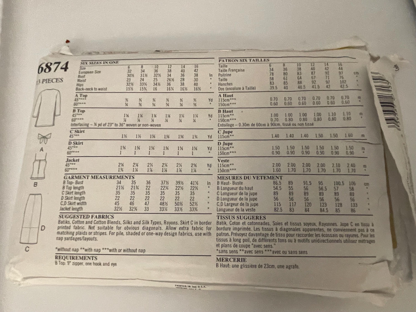 New Look Sewing Pattern 6874 Top Sarong Skirt Bratop JACKET SZ A 6-16 NEW - please read description