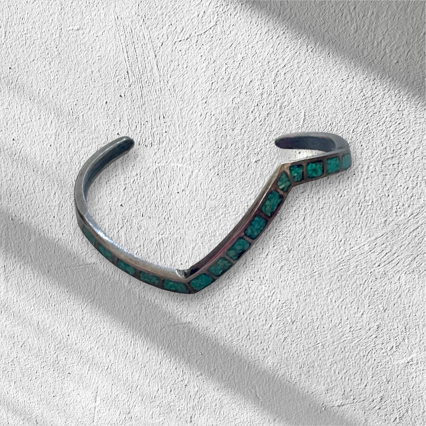 Sterling silver and inlaid turquoise vintage cuff bracelet - uniquely shaped
