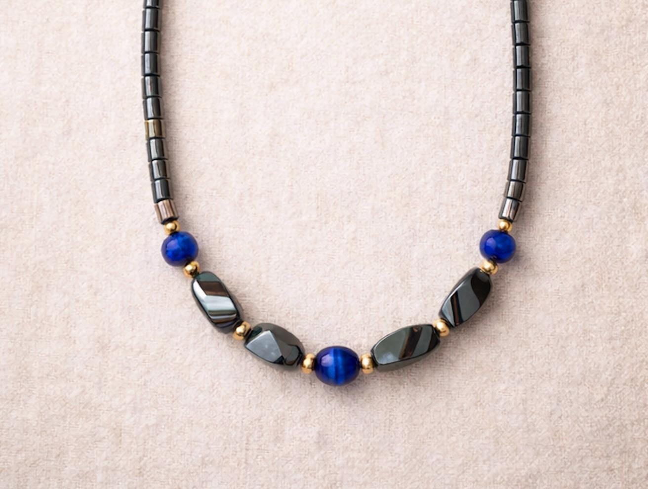 Vintage Hematite Cobalt Blue Bead Necklace, 90s Minimalist Choker, Gold Accent Statement Jewelry