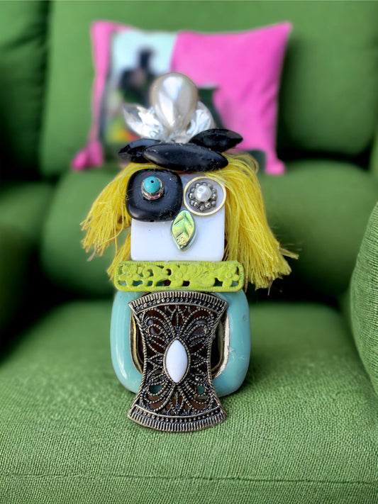 Meet "Abstract Bird Woman" - Assemblage art / mixed media collage - magnet or pin