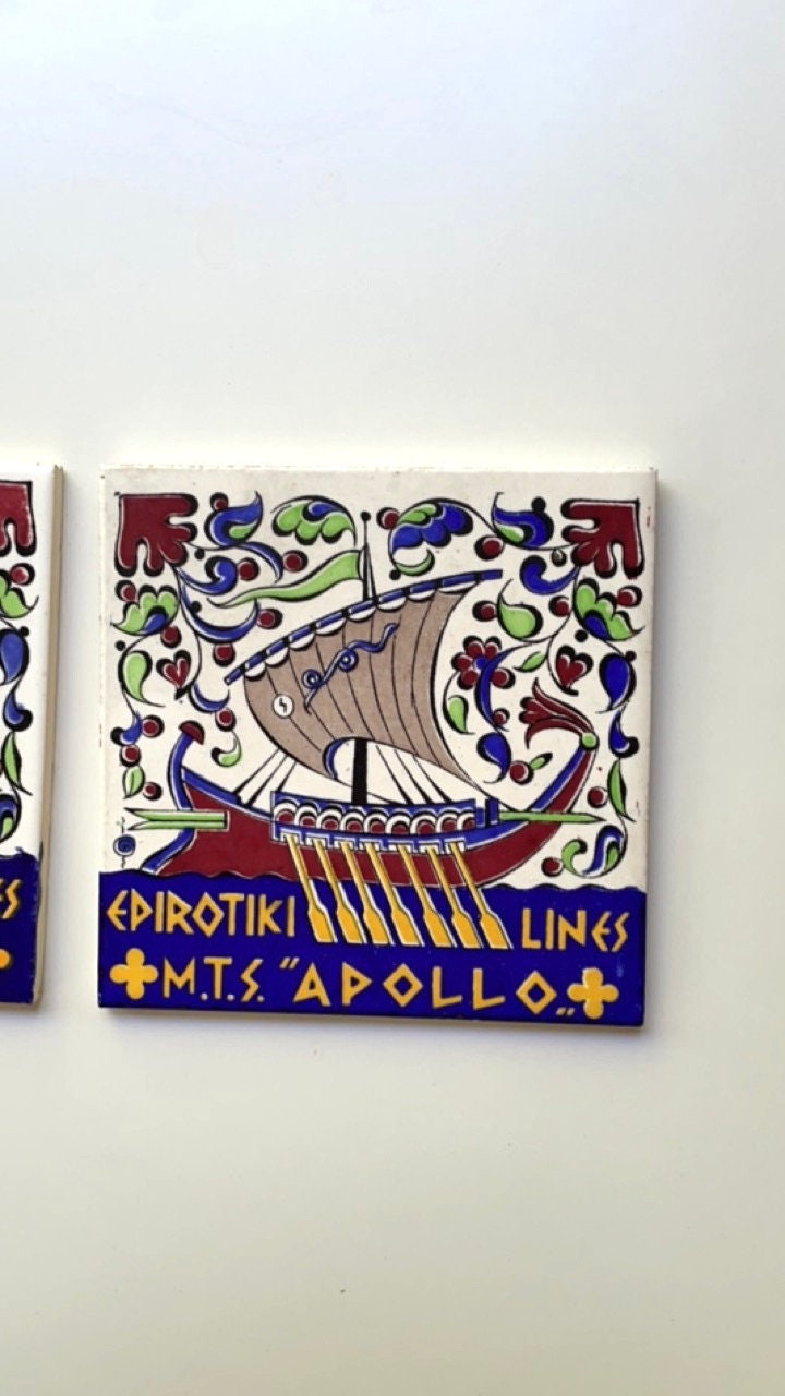 Set of 3 stunning vintage handmade IKAROS RHODES POTTERY tiles from Rhodes Greece - Icaros and H&R Johnson - 4"