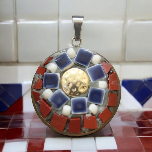 One-of-a-kind tile and mixed material handmade micro mosaic necklace