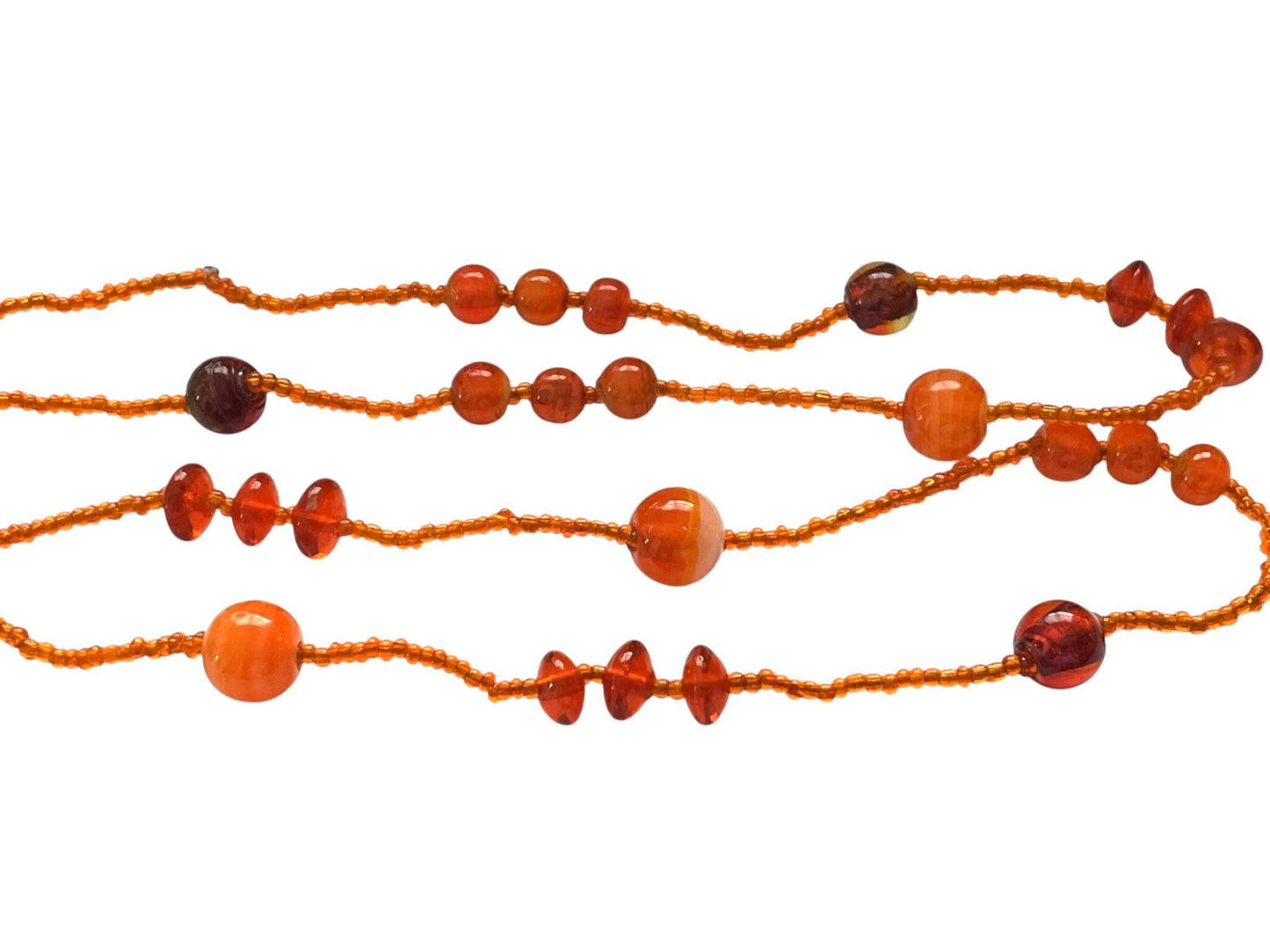Vintage Orange Glass Bead Necklace – Long 3 Strand Beaded Statement Necklace – Amber Tone Layered Retro Jewelry