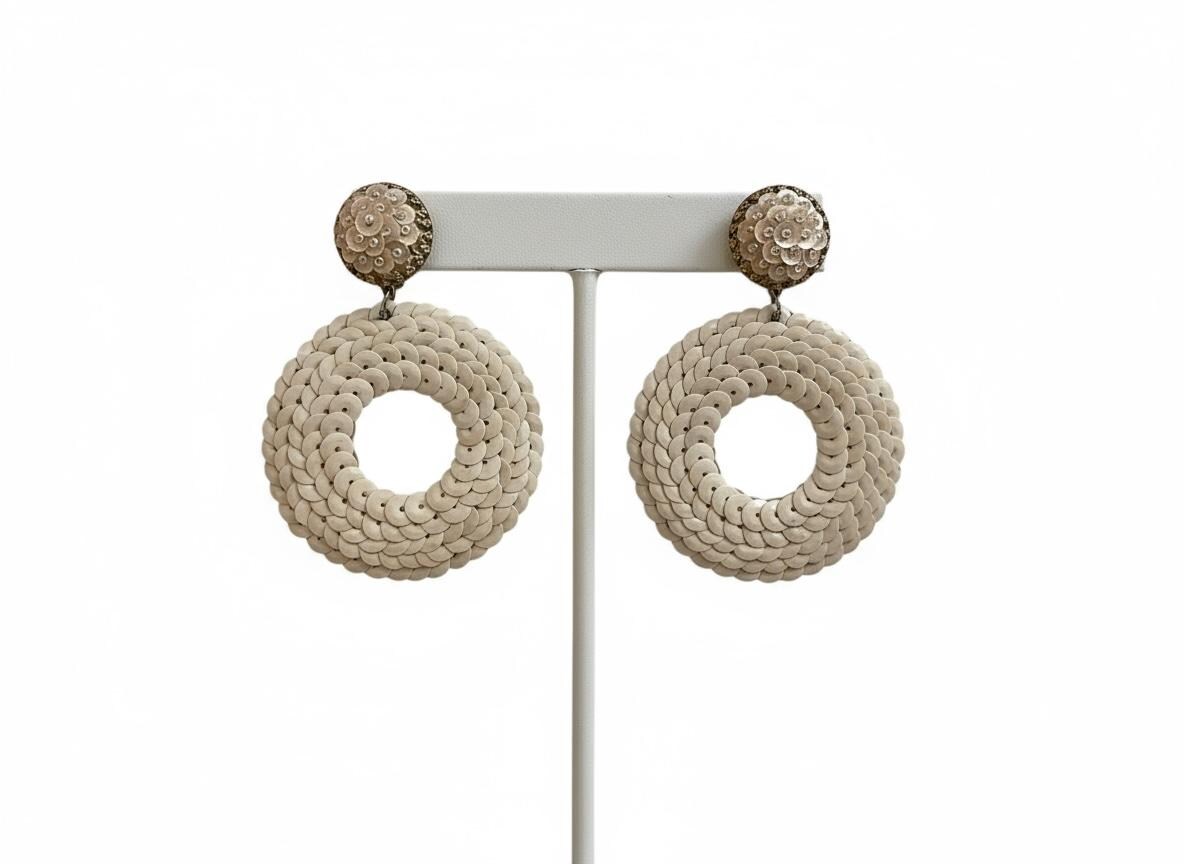 Vintage Cream Sequined Clip-On Hoop Earrings – 3" Statement Dangles Glam