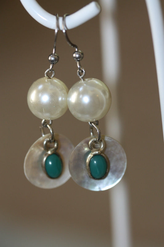 Vintage mother of pearl, faux pearl and upcycled turquoise colored dangle earrings
