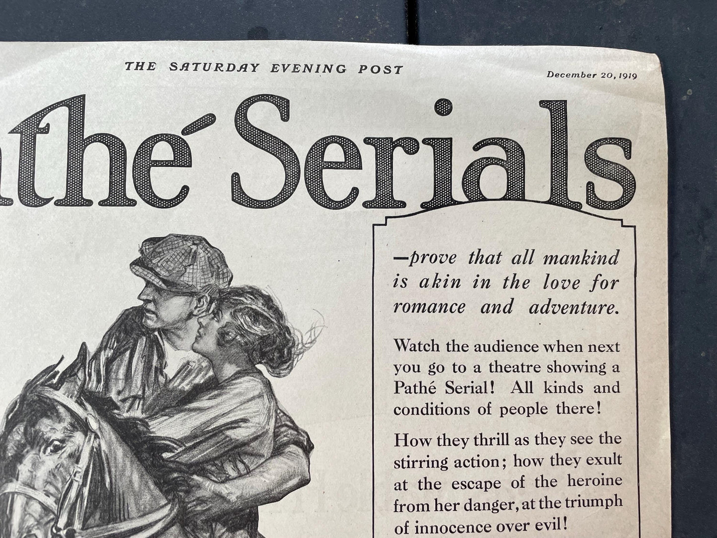 Original 1919 Saturday Evening Post Advertisement for the Pathe Silent Film Pathe Serials Movie - Dealton Valentine Art Ad - romantic ad