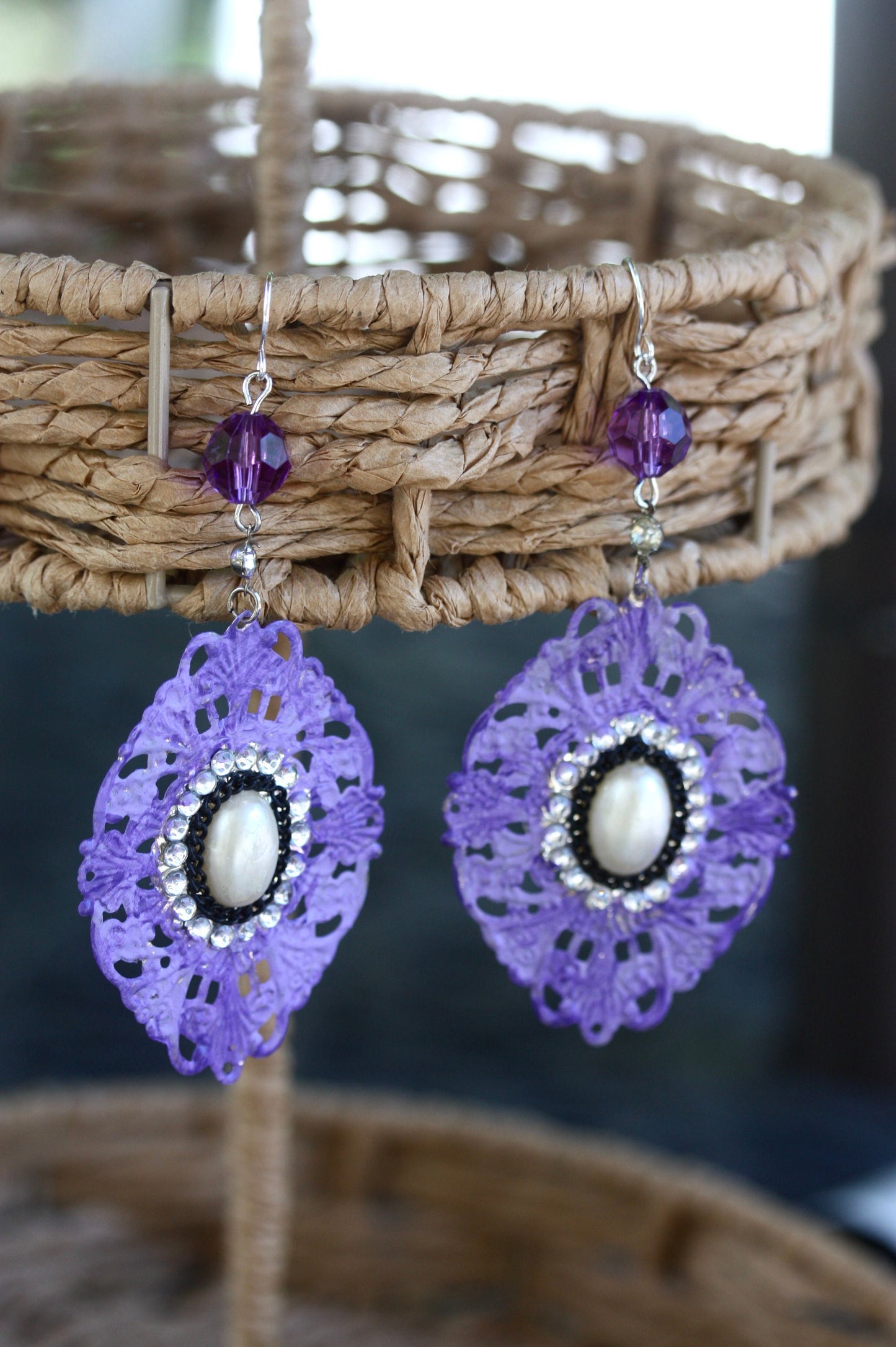 Purple, rhinestone and faux pearl mixed material dangle earrings