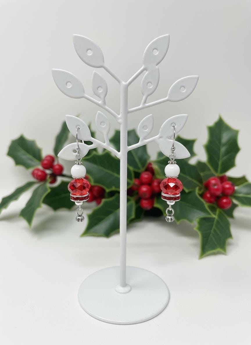 Handmade Red Crystal & White Bead Dangle Christmas Earrings – Sparkly Drop Earrings, Lightweight Beaded Jewelry