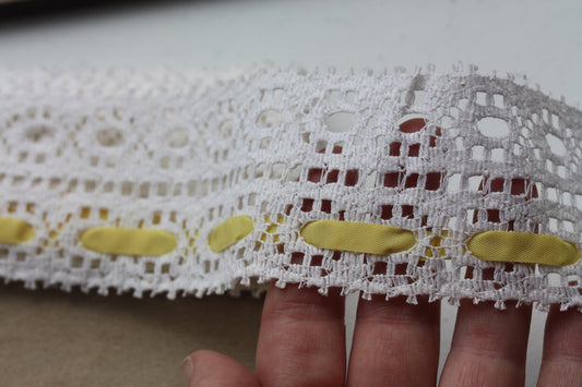 Stunning wide vintage white lace with yellow ribbon - by the yard