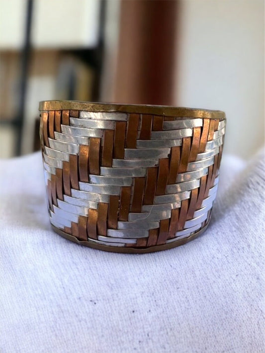 Mixed metal Basketweave hand woven copper & silver stunning vintage artisan cuff bracelet