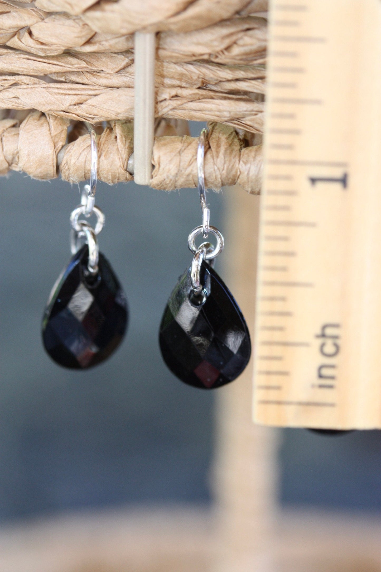 Black faceted teardrop dangle earrings - your choice: one drop, two drops or three drops