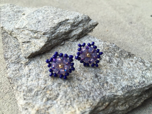 Tiny little hand beaded stud earrings - shades of purple and dark navy blue with goldtone center