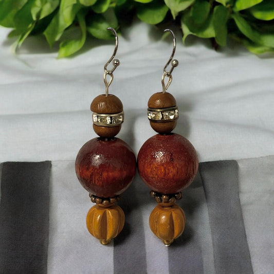 Metal, crystal rhinestone and wood handmade dangle earrings with vintage, upcycled and new elements