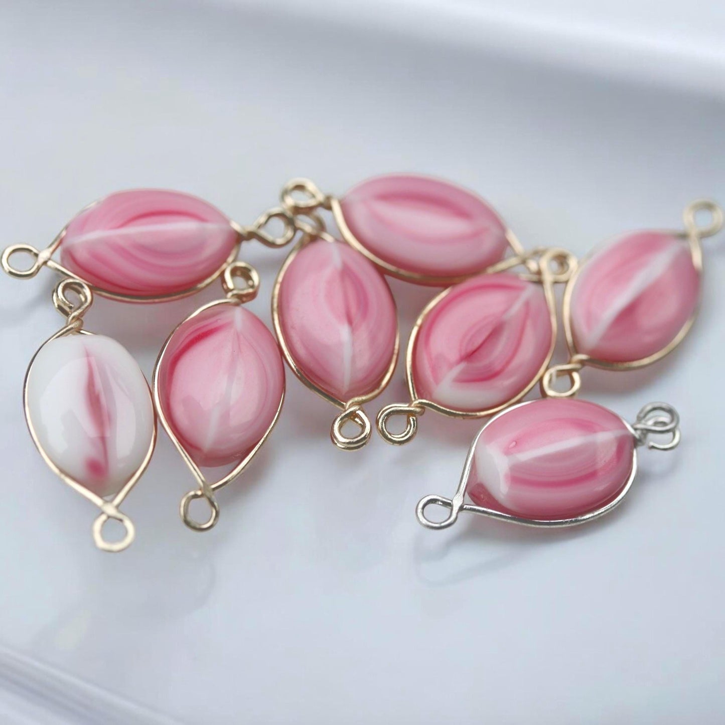 Unique pink and white swirled art glass beads - with wires