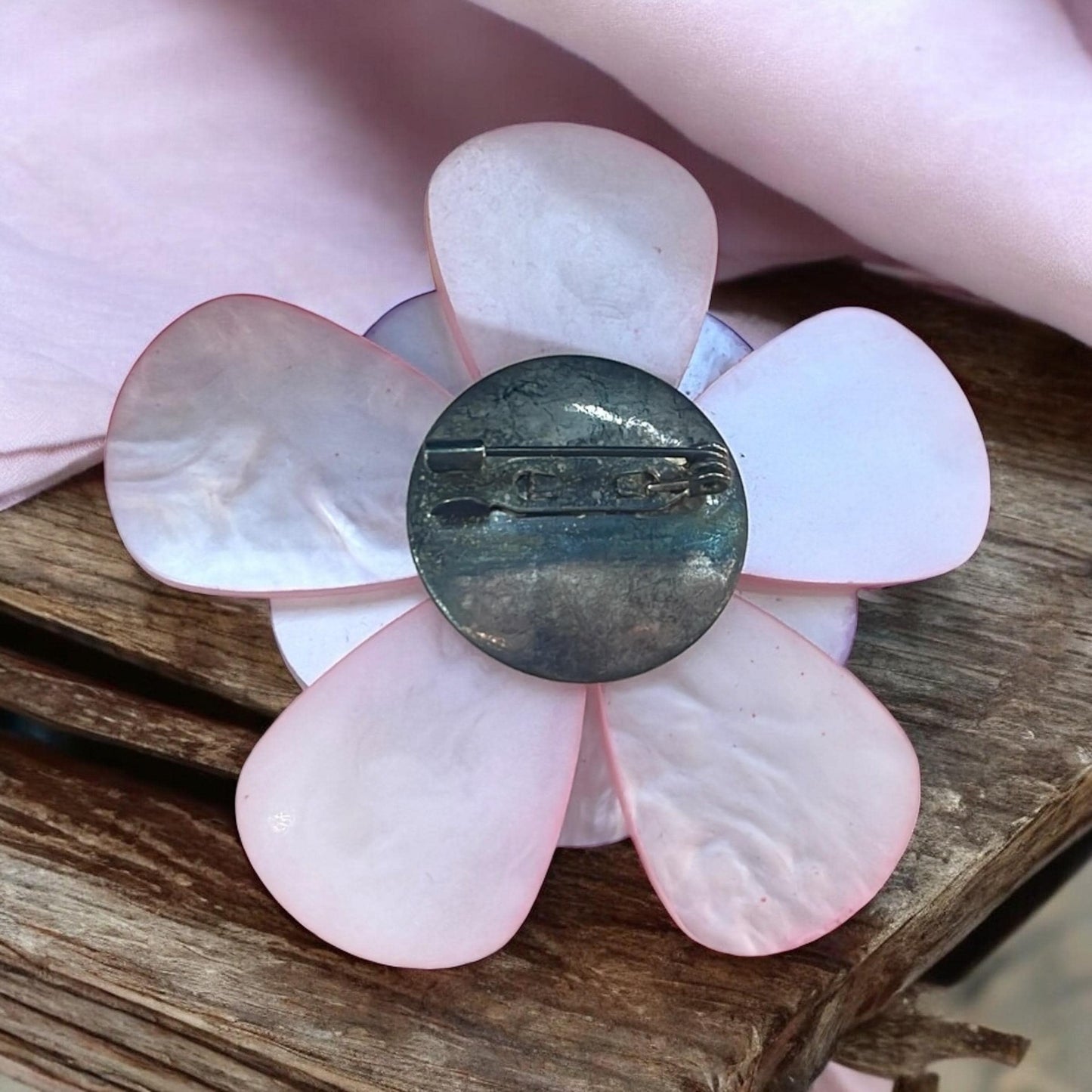 1970s Simulated Mother of Pearl pale pink and lavender Flower Brooch – Dual Petal Layers – Crystal Bead Center – Vintage Floral Pin