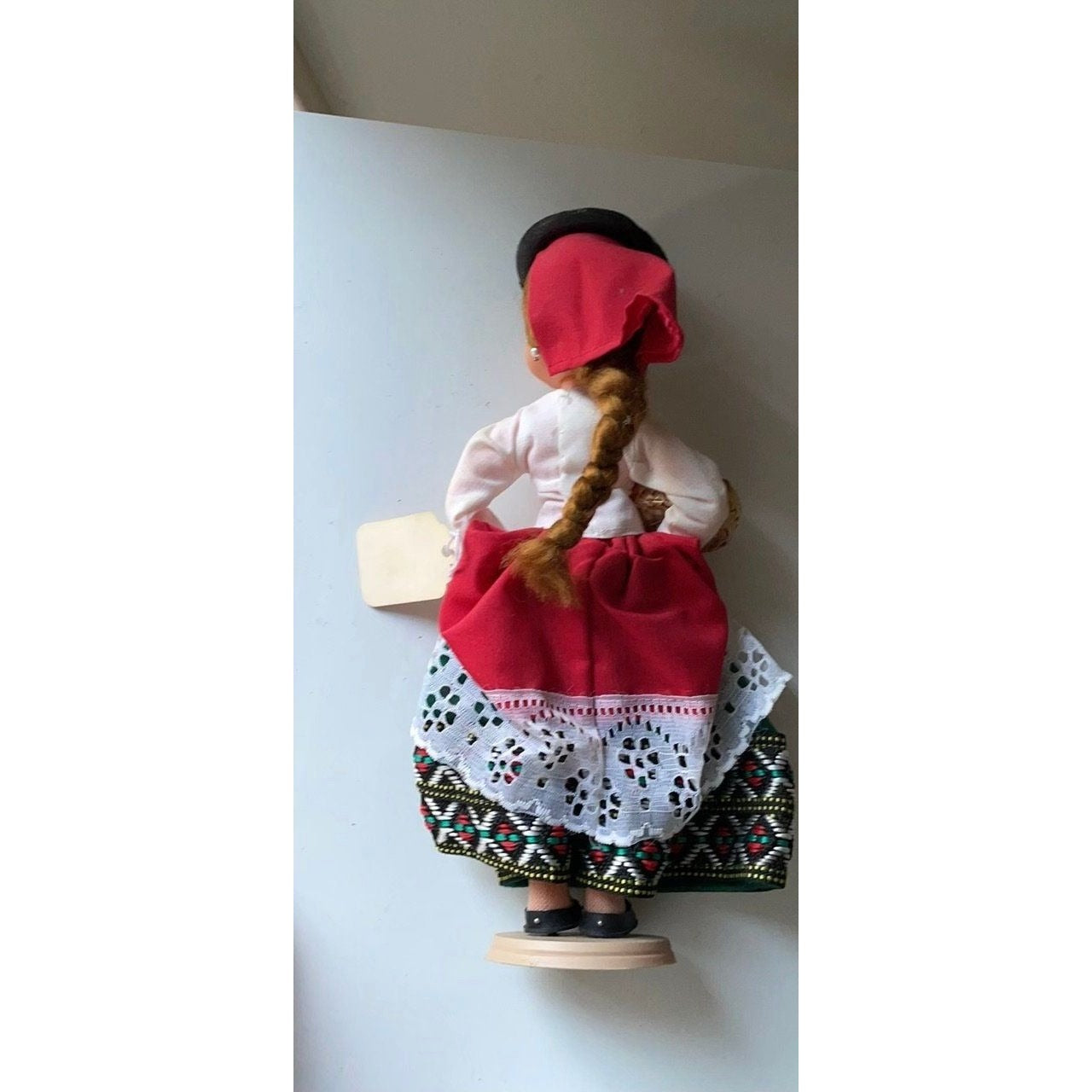 Vintage signed Muneca Artesana Beibi doll figurine - Made in Spain - holding wicker basket with miniature fruit