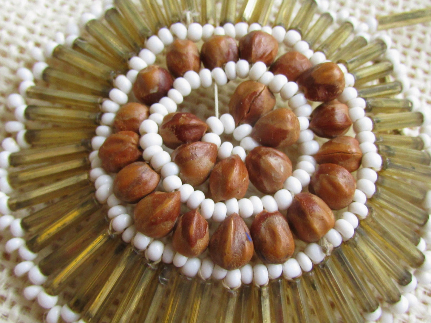 VERY Unique vintage artisan beadwork necklace made of nuts, bugle beads and seed beads