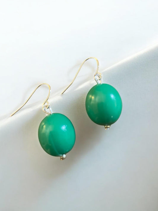 Green Dangle Earrings, Retro Vintage Jewelry,  Handmade Statement Earrings, Upcycled Beads