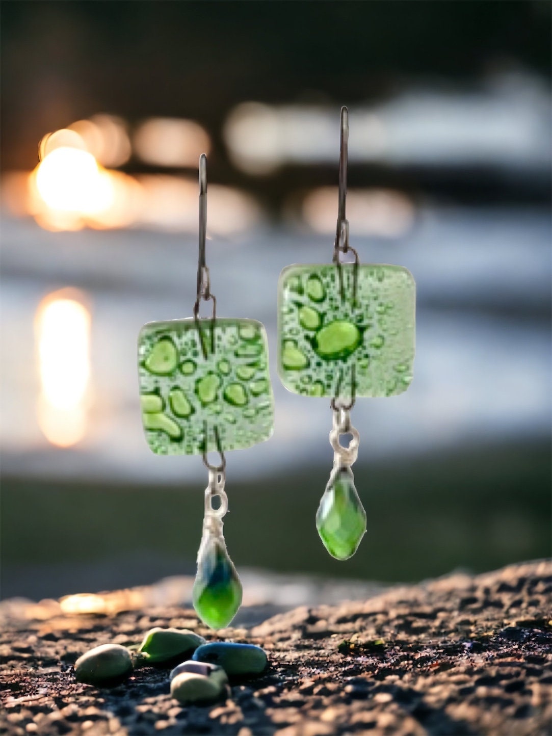 Green blown vintage glass with new faceted green crystal dangle earrings