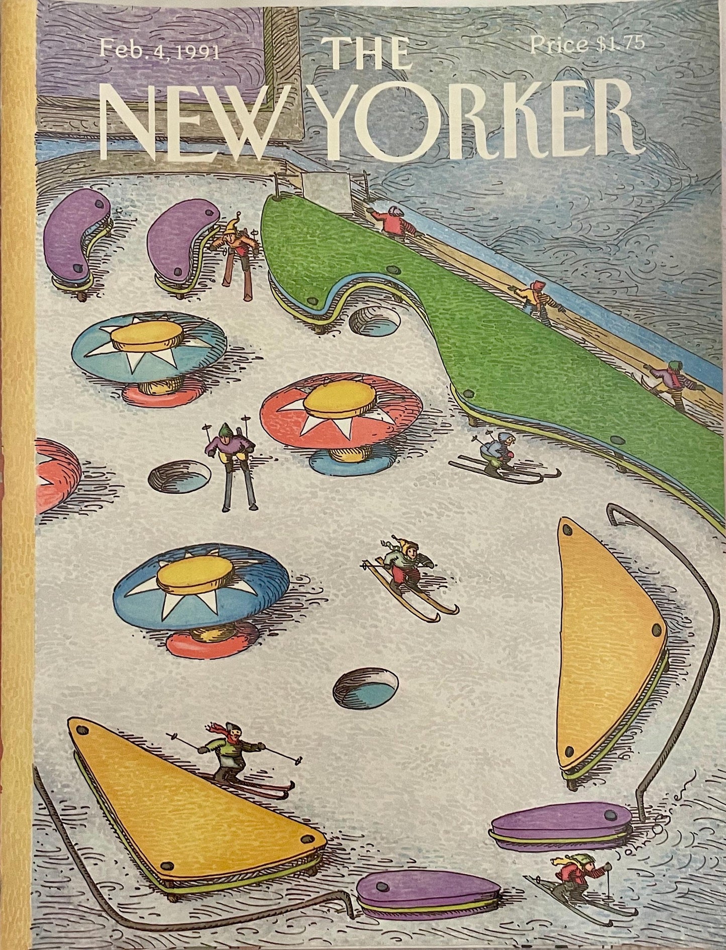 NEW YORKER Magazine original cover - February 4, 1991 - pinball machine skiing