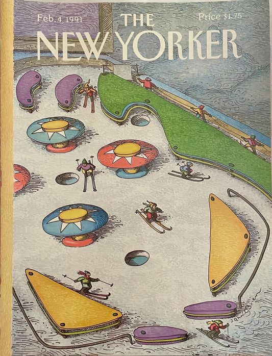 NEW YORKER Magazine original cover - February 4, 1991 - pinball machine skiing
