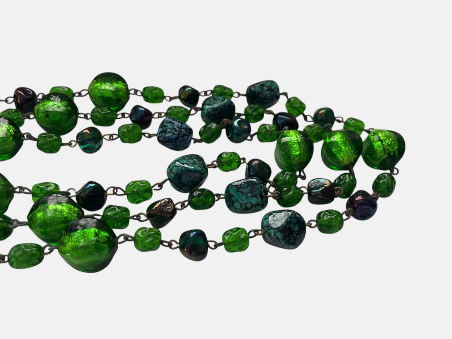 Vintage Emerald Green Glass Necklace, 3 Strand Art Deco Style Statement Necklace, Foil Glass & Turquoise Look Synthetic Beads