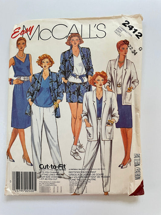 RARE UNCUT vintage Sewing Pattern -Easy McCalls 2412 Pattern 1980s Boxy Jacket Notched Collar V Neckline Top, Dress Pants or Shorts Sz 22-24