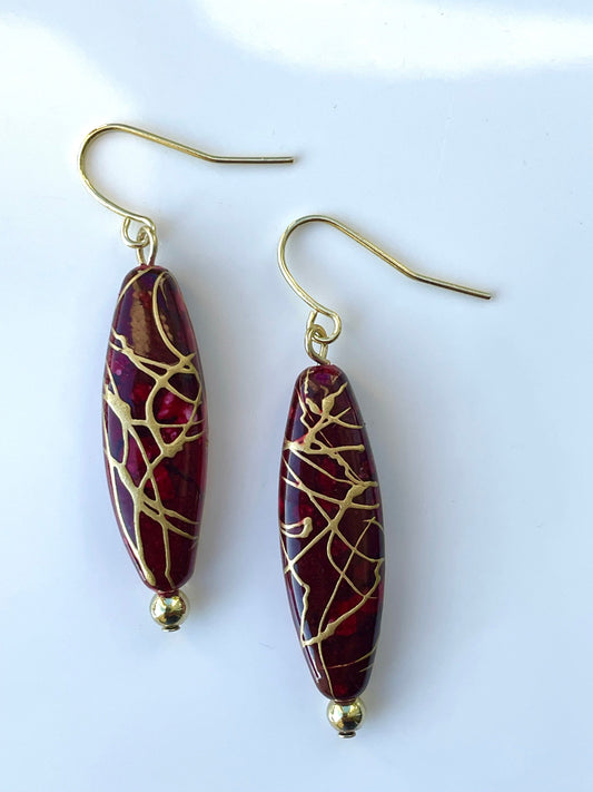 Handmade earrings with upcycled vintage red and gold swirled vintage oval dangles - perfect for the Christmas holidays