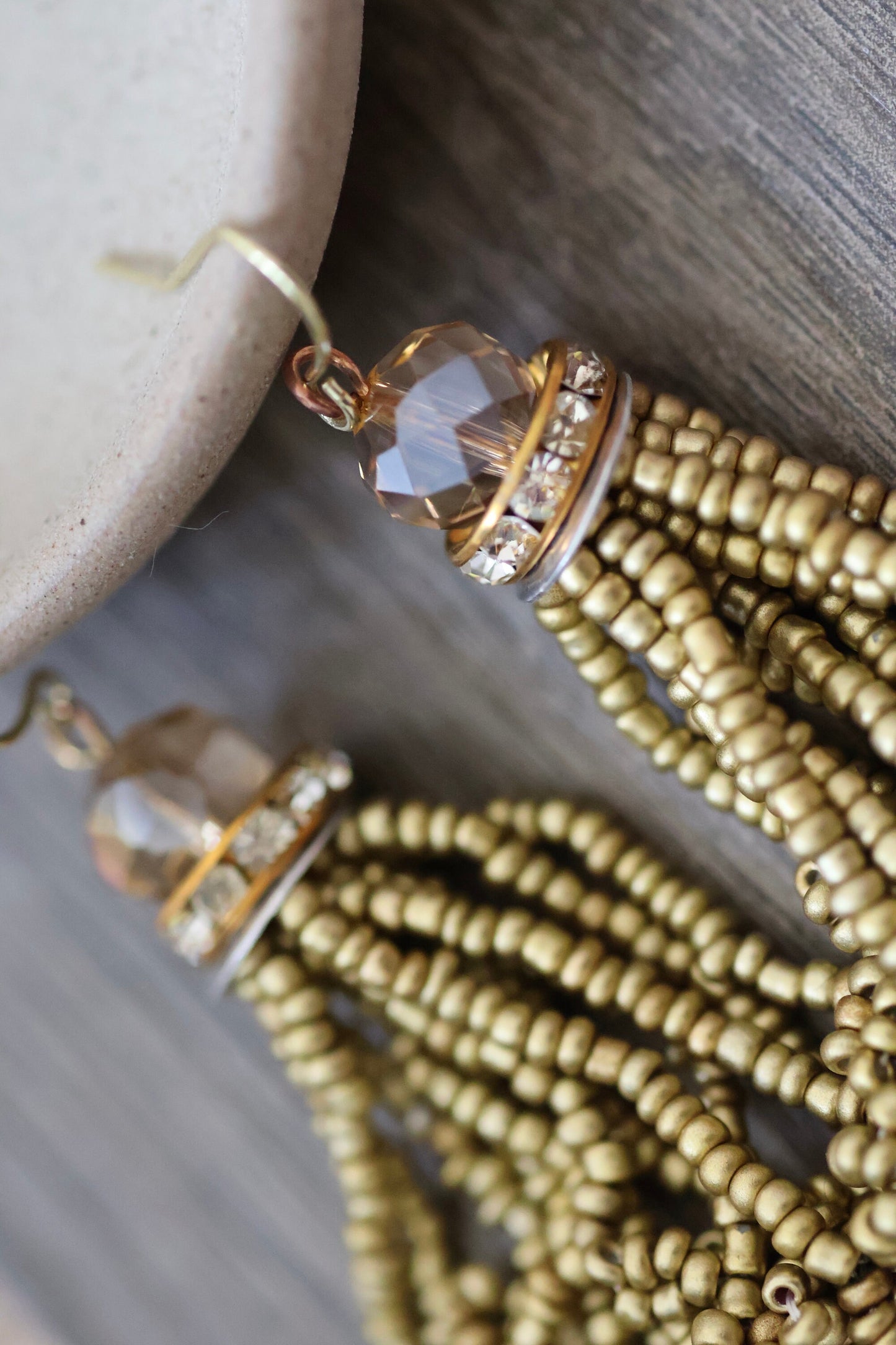 Stunning vintage beadwork gold tassel and crystal dangle earrings