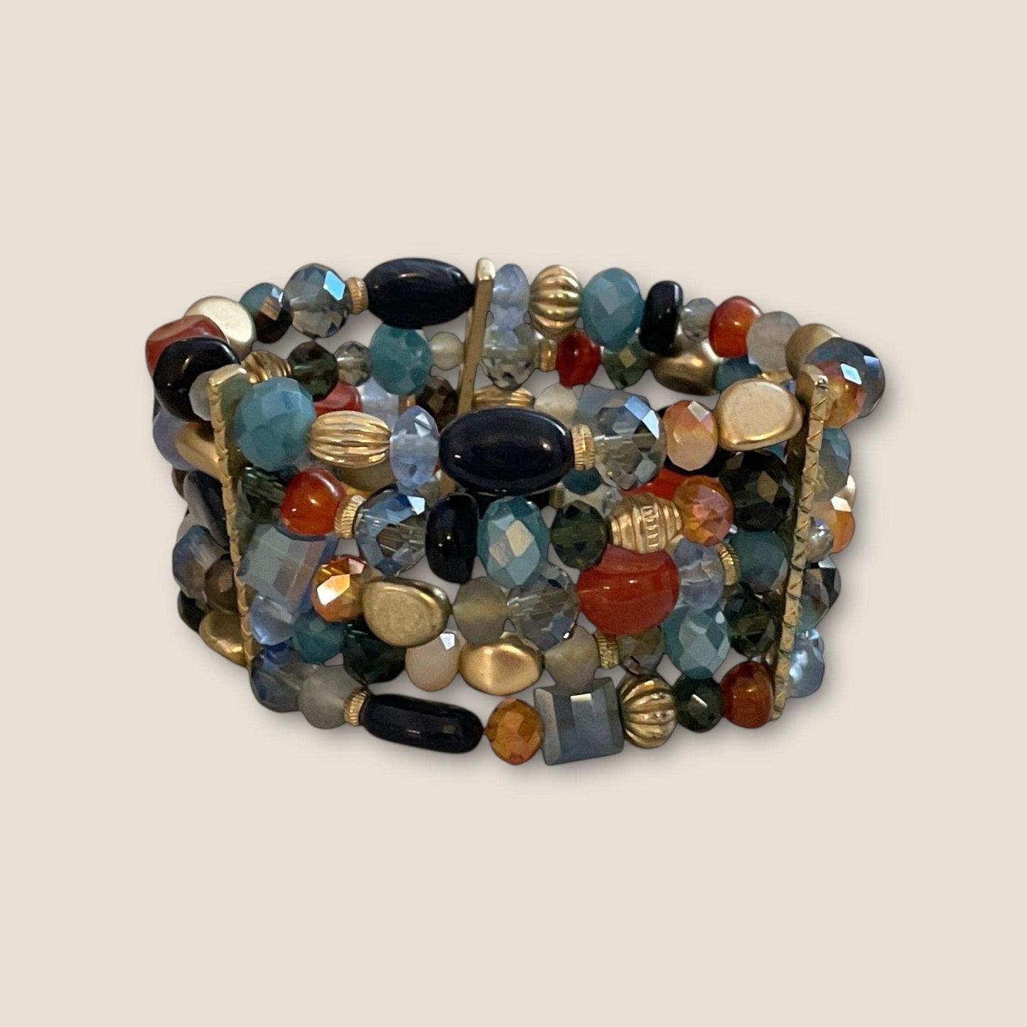 Vintage 5-Strand Memory Wire Beaded Bracelet – Crystal, Metal & Mixed Materials Adjustable Jewelry