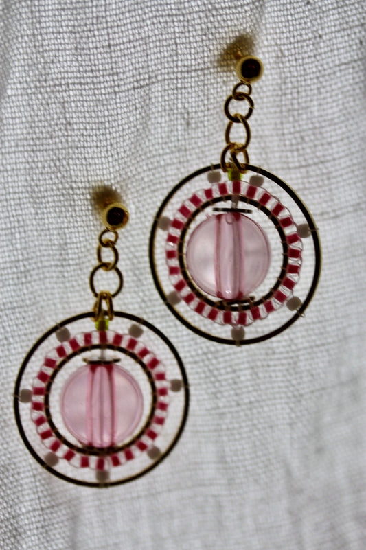 Pink and white intricate beadwork small circular dangle earrings
