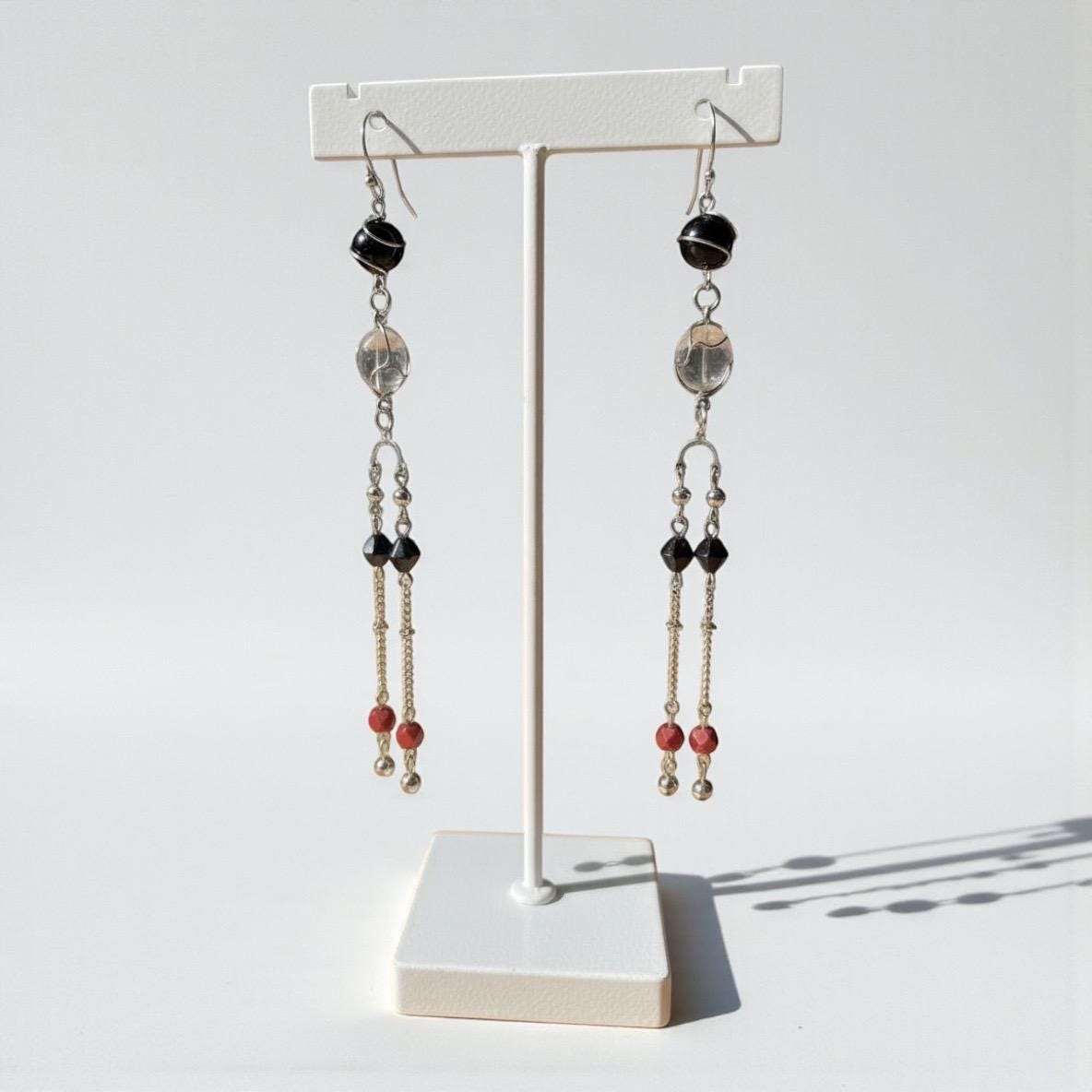 Handmade 5" Long Beaded Dangle Earrings – Black, Clear & Red Beads on Silver Tone Chains – Long Boho Statement Earrings
