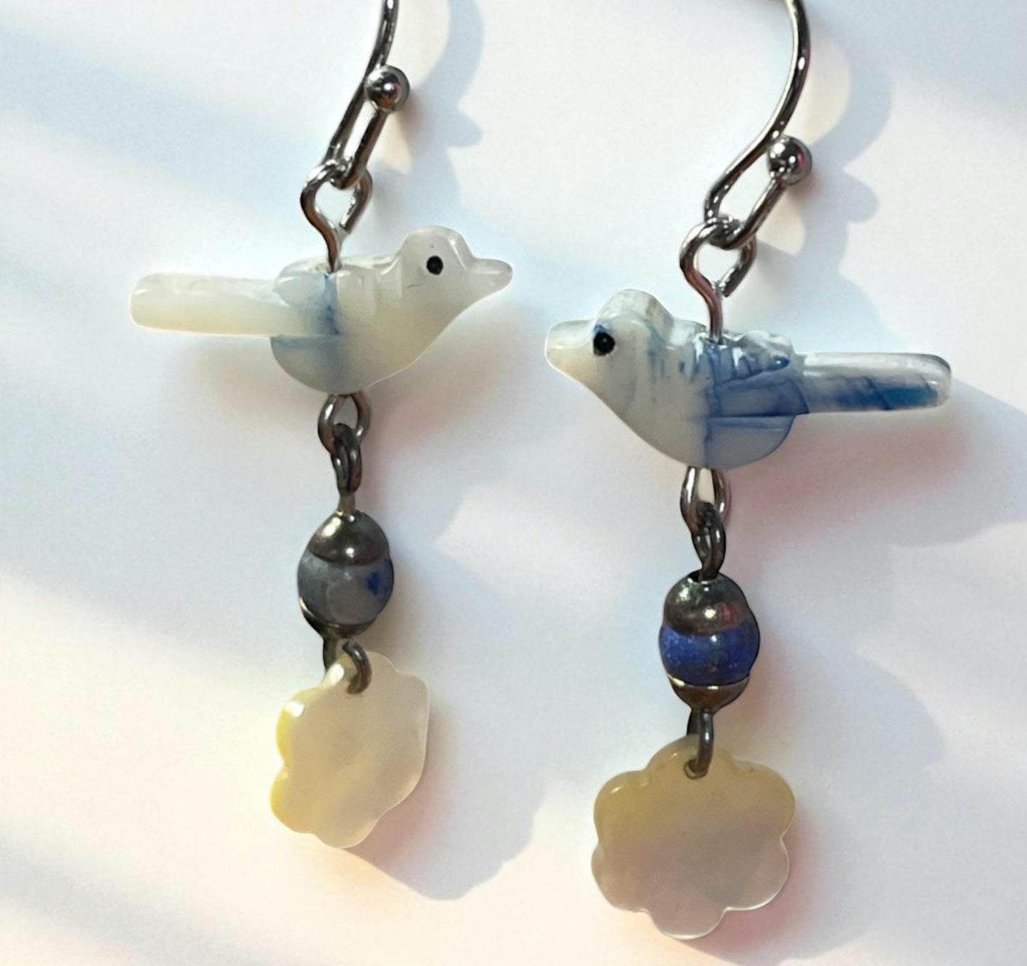 Mother of Pearl Bird Earrings with Blue Glass & Metal Spacers, trimmed with floral mother of pearl | Nature-Inspired Boho Jewelry Gift