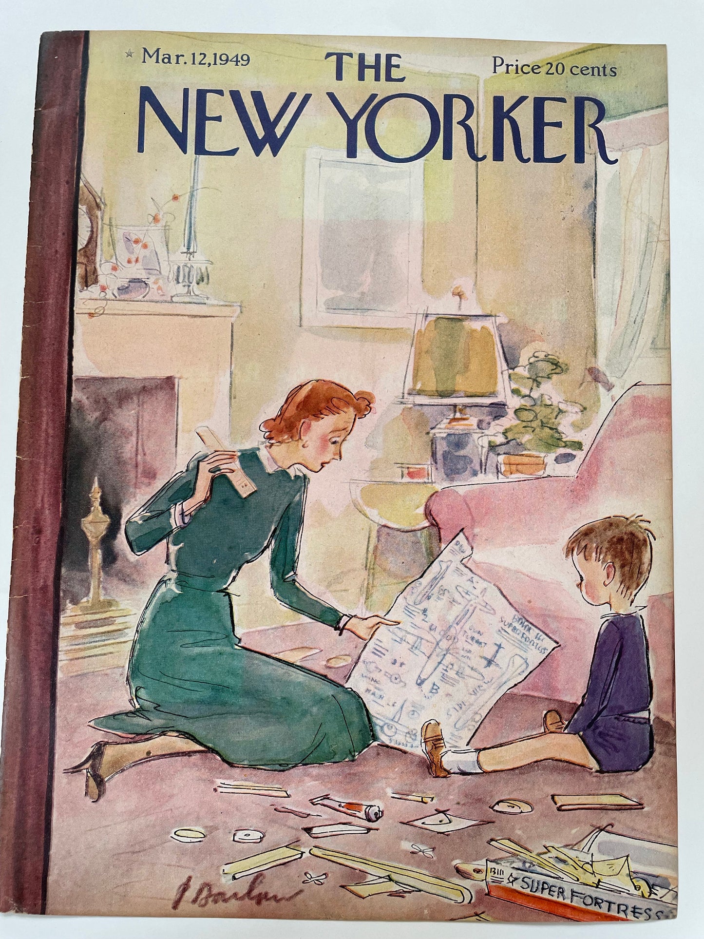 RARE - The NEW YORKER Magazine original cover - March 12, 1949 - mother and son putting together a model airplane