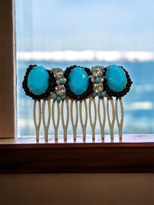 One-of-a-kind hand beaded hair comb - with rhinestones