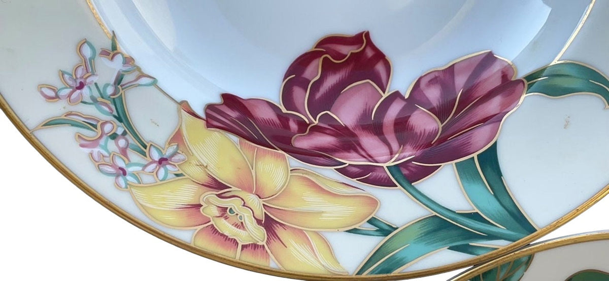 Fitz and Floyd stunning Bariolage Des Fleurs - fine porcelain large rimmed soup bowls