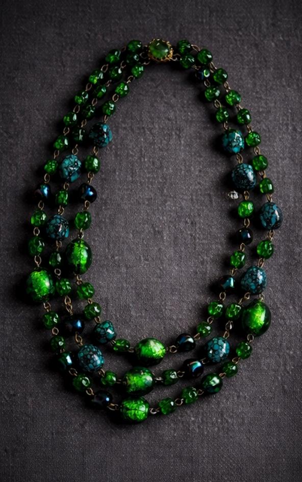 Vintage Emerald Green Glass Necklace, 3 Strand Art Deco Style Statement Necklace, Foil Glass & Turquoise Look Synthetic Beads