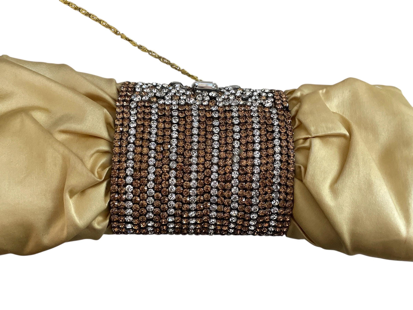 Gold Satin Clutch – Designer Evening Bag with Hand-Set Crystals & Bow Silhouette