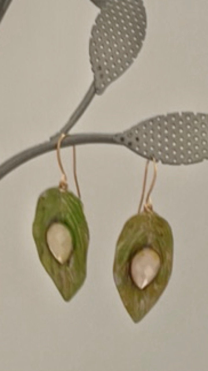 Handmade dangle earrings - Hand painted upcycled vintage leaf earrings with inlaid light pink cabochan