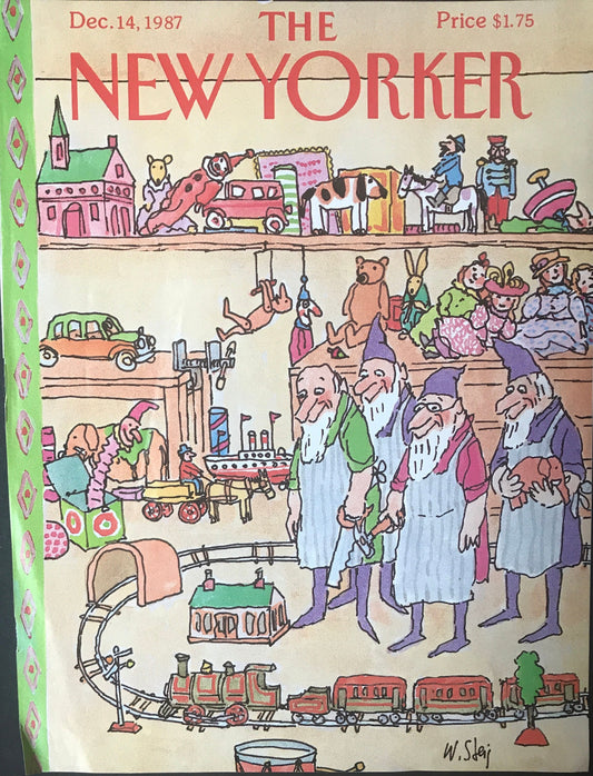 NEW YORKER Magazine cover - December 14, 1987 -  Christmas, elves, toys, railroad, Christmas gifts