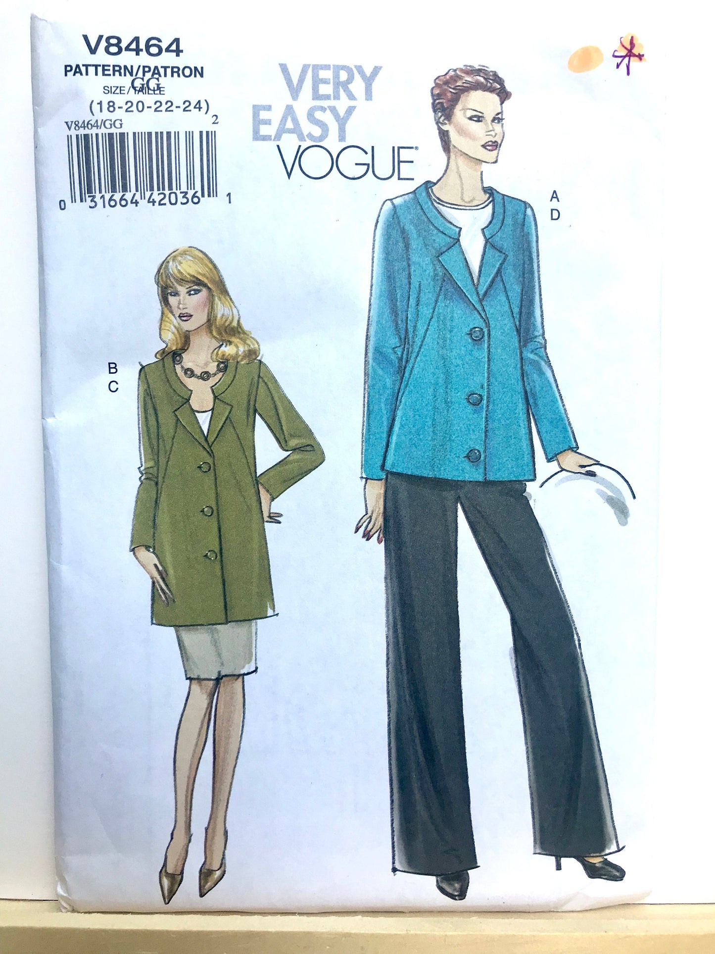 UNCUT Sewing Pattern - Very Easy Vogue 8464 (V8464) Sizes 18, 20, 22, 24 - Jacket, Pants and Skirt