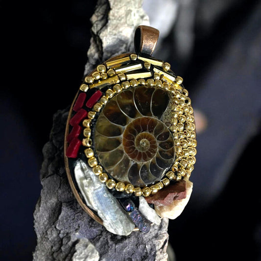 Handmade Ammonite Micro Mosaic Necklace –Unique Fossil Jewelry with Hand-Cut Italian red glass Murrini, gold beads and semi-precious stones